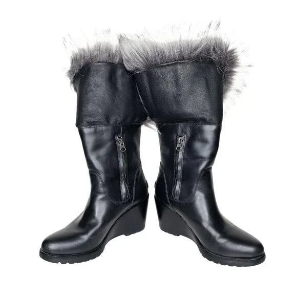SOREL "Park City" Waterproof Black Leather Faux Fur Wedge Boots | US 8.5 | $300 - Picture 8 of 9